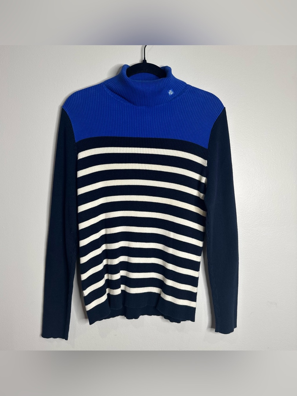 Lauren Ralph Lauren 100% Cotton Ribbed Striped Turtleneck Blue White Large Women